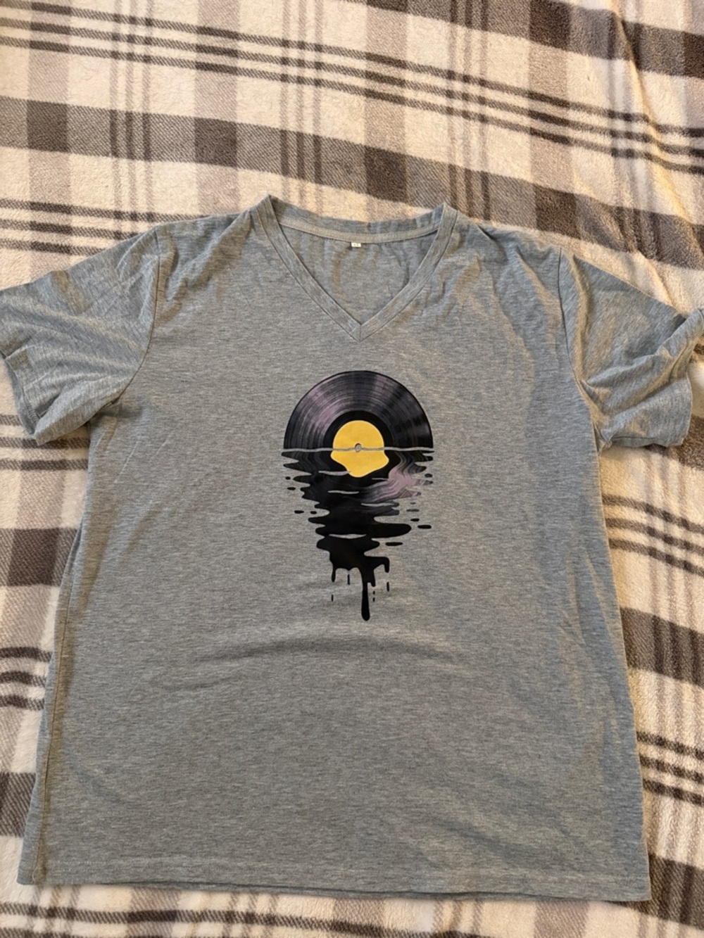Graphic Image Gray V-Neck Tee with Black Vinyl Record and Yellow Sun Graphic